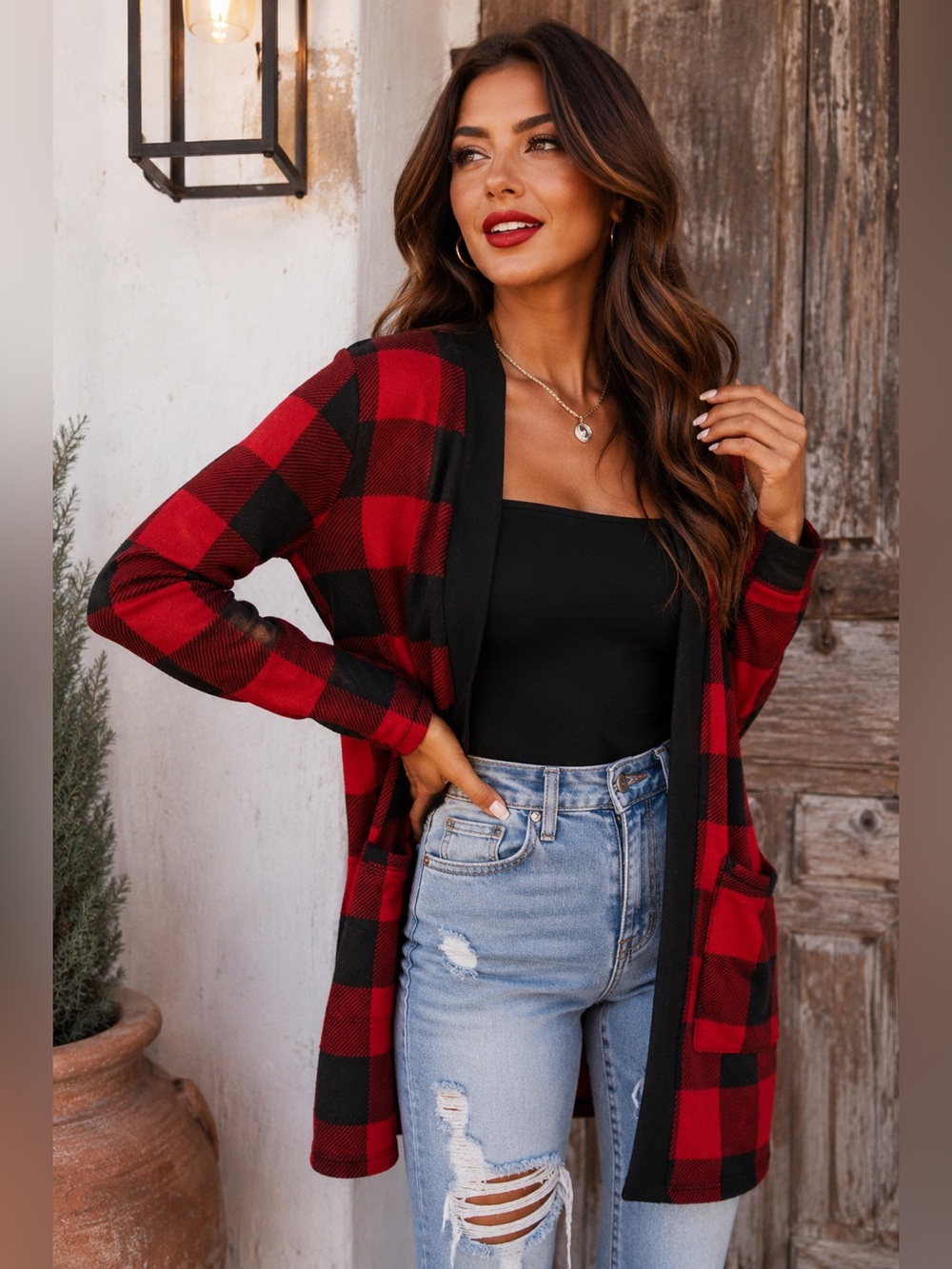 Buffalo Plaid Open Front Cardigan
